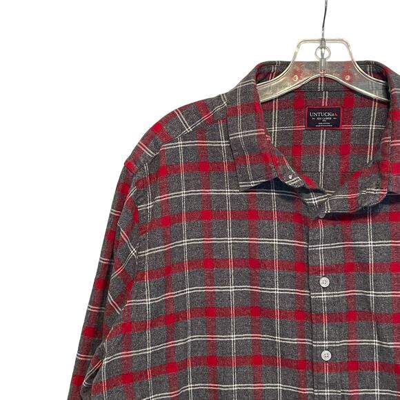 Untuckit Plaid Flannel Button Shirt Men's Size XXL Gray & Red Cotton Long Sleeve - Picture 2 of 6